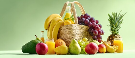 Wall Mural - The vibrant arrangement of fresh fruits in a woven basket on a green background.