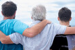 © luciano - Rear view of a family group of three multigenerational males, father, son and nephew hugging together outdoors by the seaside feeling affection, care, freedom and vacation