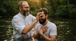 © Светлана Воротняк - A priest baptizing a bearded man in a river. Christian baptism ceremony symbolizing new life and spiritual purification.