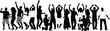 © Moury Creatives - Group dancing silhouettes, party celebration illustration, diverse people, energetic motion, unity and fun scene, joyful atmosphere, festive crowd movement, happiness, excitement