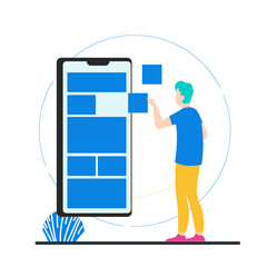 Mobile Interface. Man interacting with a mobile app interface design isolated on transparent background