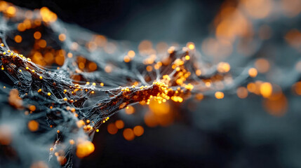 Close-up abstract macro image of glowing neural-like filaments with orange lights and dark organic textures