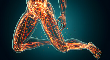 Wall Mural - abstract human body formed by glowing red lines and dots on dark blue backdrop