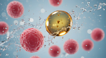 Wall Mural - close up of gold sphere surrounded by splashing water and floating red spheres on a soft blue gradie