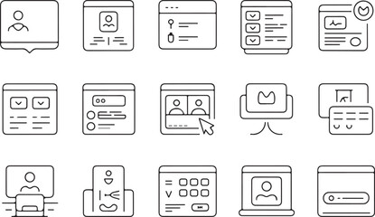 Modern web design icon set featuring diverse digital elements and user interface concepts in a clean silhouette style