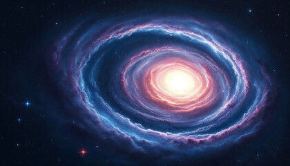 Wall Mural - digital painting of a spiral galaxy with pink-purple clouds on a starry dark blue backdrop.