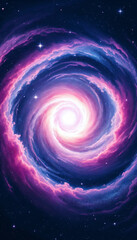 Wall Mural - digital painting of a spiral galaxy with pink-purple clouds on a starry dark blue backdrop.
