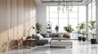 © lina - Modern living room interior with gray sectional sofa and wooden accent wall.