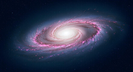Wall Mural - a spiral galaxy with pink-purple clouds on a starry dark blue backdrop.