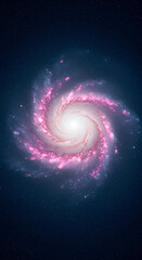 Wall Mural - a spiral galaxy with pink-purple clouds on a starry dark blue backdrop.