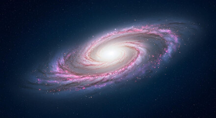 Wall Mural - a spiral galaxy with pink-purple clouds on a starry dark blue backdrop.