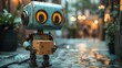 © Creative Canvas - A robot, with a metallic body and large, cute monitor eyes, holds a shipment post