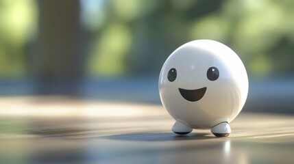A cheerful, white, round, 3D model, robot-like figure with cartoon eyes and a smile, standing on a light brown surface, with a blurred background of green foliage and sunlight.