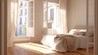 © Sergey - lazy siesta time in Madrid apartment, minimalistic bright interior, open window with curtains moving in breeze, cozy bed, sunlight on floor, calm