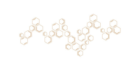 Wall Mural - An abstract pattern of geometric hexagonal shapes, some outlines and some double-lined, forming interconnected clusters in a subtle gold or bronze hue on a clean white background.