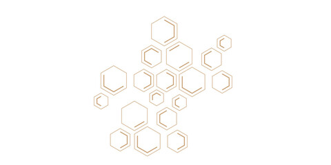 Wall Mural - An abstract pattern of geometric hexagonal shapes, some outlines and some double-lined, forming interconnected clusters in a subtle gold or bronze hue on a clean white background.