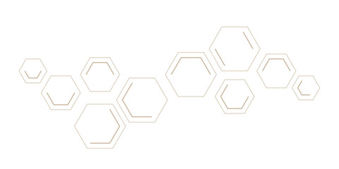 Wall Mural - An abstract pattern of geometric hexagonal shapes, some outlines and some double-lined, forming interconnected clusters in a subtle gold or bronze hue on a clean white background.