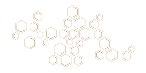 Wall Mural - An abstract pattern of geometric hexagonal shapes, some outlines and some double-lined, forming interconnected clusters in a subtle gold or bronze hue on a clean white background.