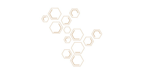 Wall Mural - An abstract pattern of geometric hexagonal shapes, some outlines and some double-lined, forming interconnected clusters in a subtle gold or bronze hue on a clean white background.