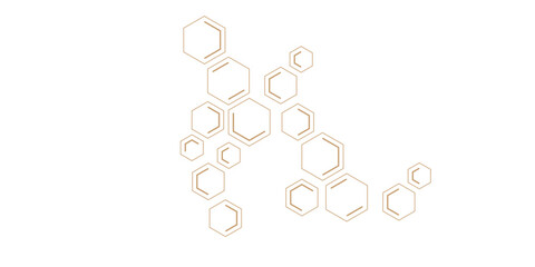 Wall Mural - An abstract pattern of geometric hexagonal shapes, some outlines and some double-lined, forming interconnected clusters in a subtle gold or bronze hue on a clean white background.