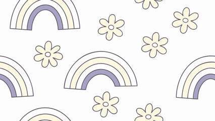 Wall Mural - whimsical hand drawn pastel rainbows and flowers seamless pattern vector