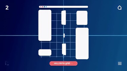 Abstract interface with white shapes on blue grid background, buttons and minimalist icons
