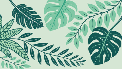  Tropical leaf pattern with monstera deliciosa and palm fronds in multiple green tones on soft mint green background illustration.