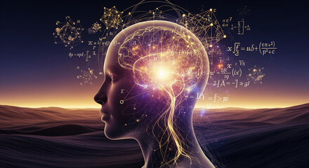 Wall Mural - profile of glowing brain, mathematical formulas, and network nodes against desert landscape, symboli