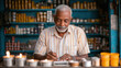 © Shivani - senior shopkeeper sitting at store