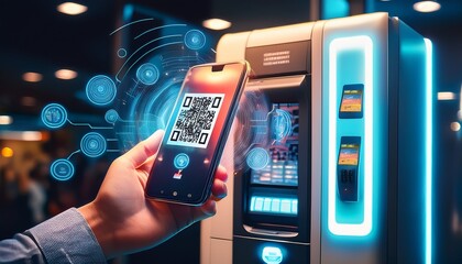 a hand holding a smartphone scanning a qr code on a vending machine surrounded by dynamic digital effects photorealistic bright natural lighting