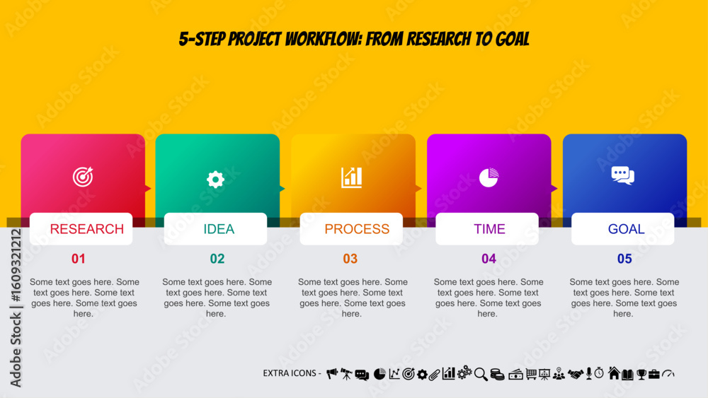 Project Goal Timeline Colorful 5 Step Business Process Infographic Slide – Research, Idea ...