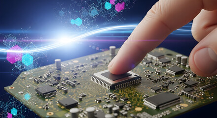 Wall Mural - touch of innovation: a close-up captures a finger interacting with the intricate circuitry of a comp