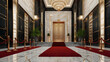 © Maria - Luxurious hotel entrance with red carpet, golden accents, and chandelier lights, high-end interior featuring marble flooring, decorative pillars