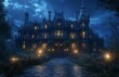 © A to Z - Dark Victorian mansion with glowing windows and gas lamps at night gothic