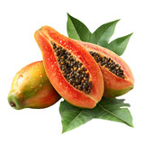 Juicy ripe papaya halves with green leaves on black background