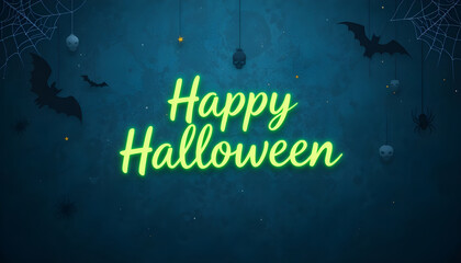 Neon Green Happy Halloween Background with Spooky Decorations.A festive Halloween background featuring the words 