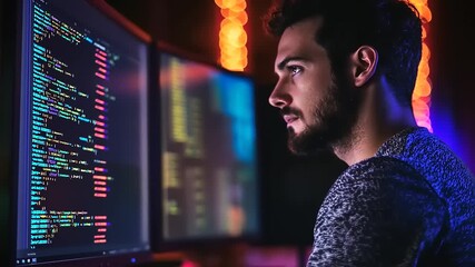 Focused programmer analyzing code on dual monitors in a dimly lit room with colorful lights