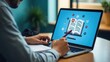 © useful pictures - Online education and e-learning concept. Man taking notes while using laptop with online education icon, learning, knowledge sharing, educational tools, training, webinar on internet service.