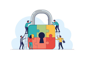 Team of people assembling a colorful puzzle lock, symbolizing security.