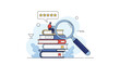 © James - Expert book reviewer examining literature stack with magnifying glass and positive feedback