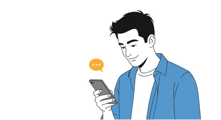 Man holding smartphone while chatting and smiling illustration