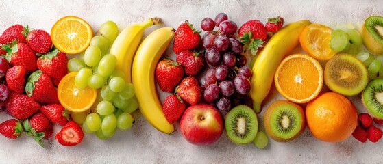 Wall Mural - The Vibrant Arrangement of Fresh Fruits on a Textured Surface
