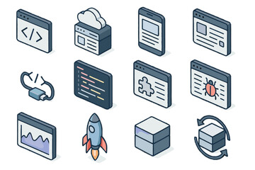 Isometric software development icons - code, cloud, network, bug, rocket