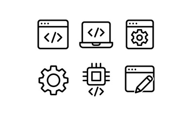 minimal web development icons: code, gear, chip, and browser symbols