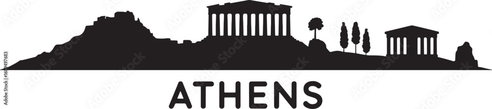 Athens Cityscape Silhouette Vector Illustration with Ancient Ruins and ...
