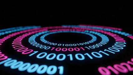 Canvas Print - neon pink and blue binary code circles glow against a black background. the focus is on the center w