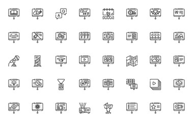 Presentation icon set. Business vector icons pack. Includes symbols for slideshow, Q&A, microphone, projector, program, lectern, ID and more. Editable stroke.