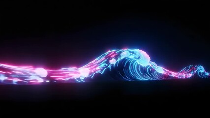 Wall Mural - Neon wave on a dark background, featuring blue and pink hues. Luminous lines create a dynamic flow, reminiscent of ocean waves, set against a stark