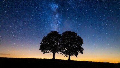 Silhouetted trees against a starry night sky