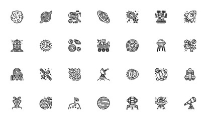 space icon set. minimal vector illustration pack. includes asteroid, black hole, rocket, planets, as